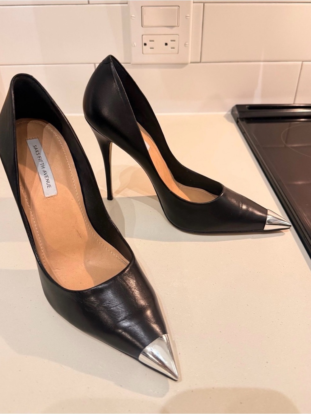 Saks Fifth Avenue Black Leather Pointed Toe Pumps with Silver Tip